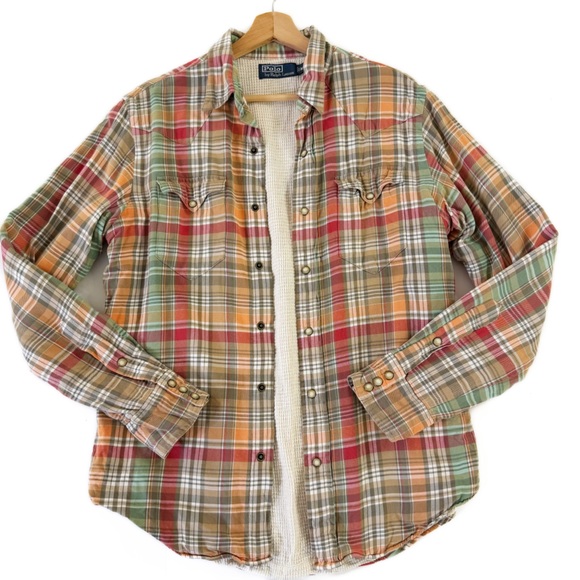 Polo Ralph Lauren Flannel Shirt Shacket Mens Medium Plaid Waffle Lined Vintage - Picture 2 of 10